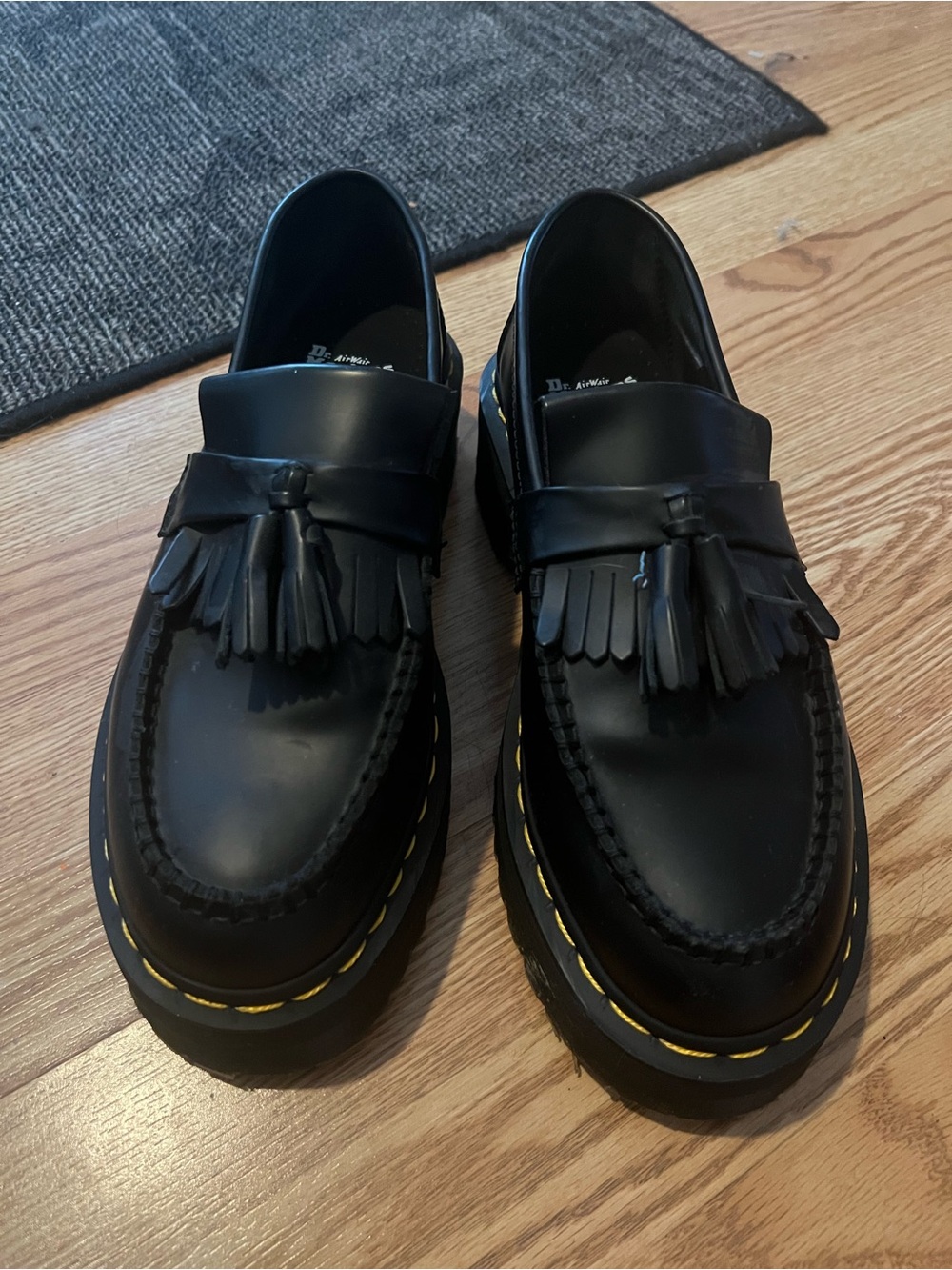 Dr. Martens Black Leather Tassel Loafers with Yellow Stitching- Size 9